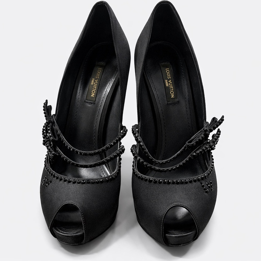 Louis Vuitton Black Satin Peep-Toe Heels • Box + Dust Bags • Authentic